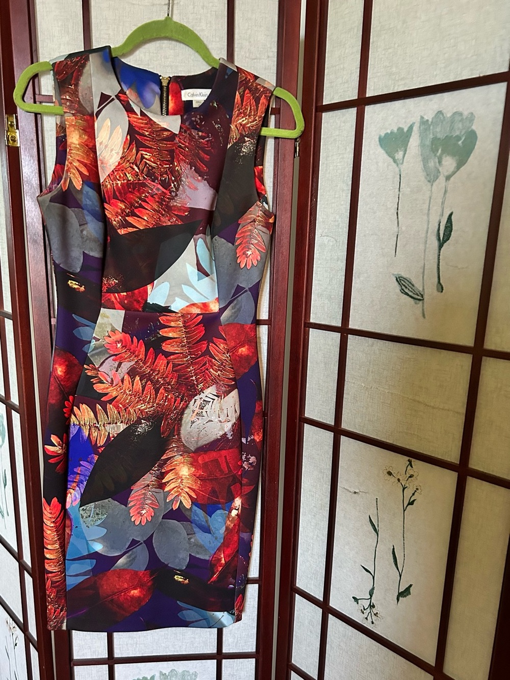 Calvin Klein Red Multi Floral Sheath Dress with Blue and Purple Accents